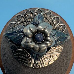 Vintage Silver Tone Blue Enamel Flower Leaf Design Brooch Size 1.25'' Length